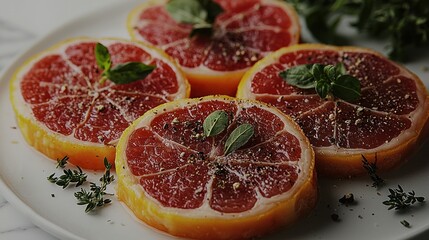 Sliced grapefruit garnished with herbs and spices.