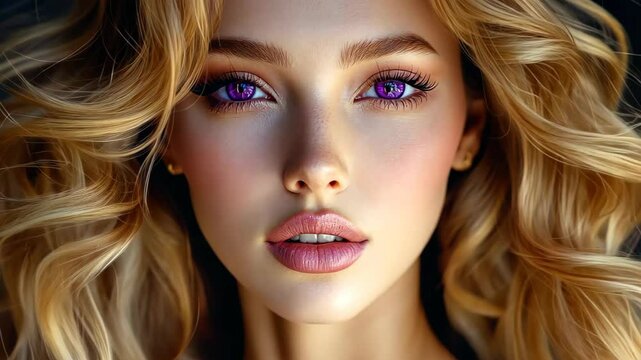 A stunning woman with long, golden blonde curls and captivating purple eyes, exuding an air of aristocratic beauty.