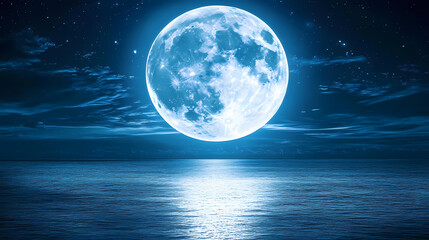A serene blue moon illuminates the dark night sky, reflecting softly on calm ocean waters. Moonshade. Illustration