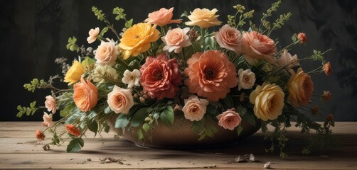 Decaying artificial flowers arrangement for vintage-style background, artificial flowers, ,  wooden frame