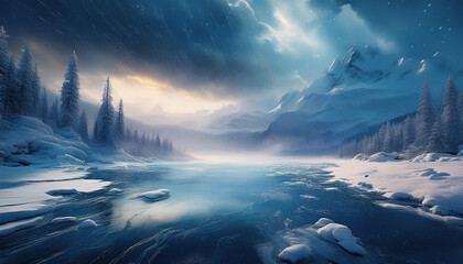 Fototapeta premium epic snowstorm sweeping across a frozen lake a dangerous winter adventure in the heart of a frozen landscape