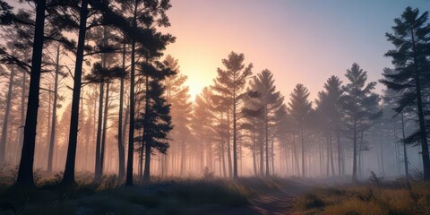 Fototapeta premium Dense forest with blue silhouette of trees against a warm sunset, silhouettes, nature, wild animals