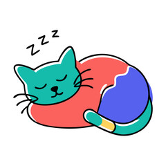 Naklejka premium Cute cartoon cat sleeping peacefully in a colorful curled-up position