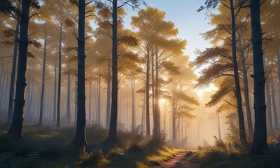 Obraz premium Dense forest at dusk with blue silhouettes of trees and wildlife, set against a warm golden light, autumn, wildlife, trees