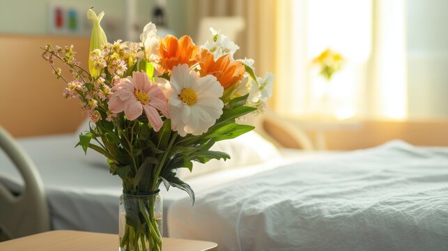 A bouquet of flowers sits on a bedside table in a sunlit hospital room, offering a touch of warmth and hope in a sterile environment.