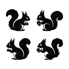 Four Silhouettes of Cute Squirrels Holding Nuts