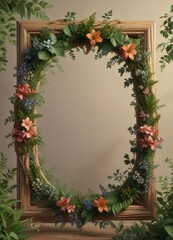 Fototapeta premium Flourishing botanicals swirl around a wooden frame, leafy greens, floral arrangements, swirly patterns
