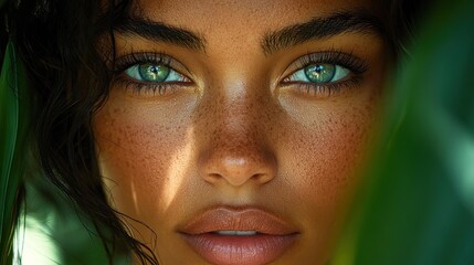 Fototapeta premium Close-up portrait of a woman with striking green eyes surrounded by lush foliage.