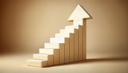 Staircase made of wooden blocks with an upward arrow, representing growth, progress, and success in business or personal development.