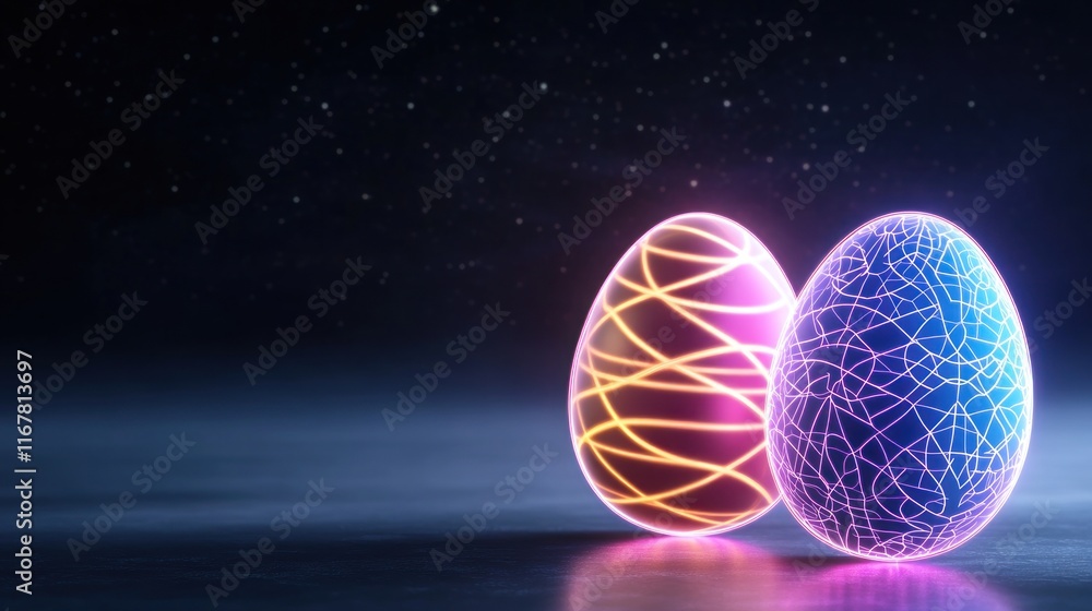 Aufkleber two glowing eggs with intricate patterns against a dark background.