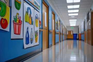 Educational hallway with colorful artwork depicting recycling bins, bottles, eco friendly containers on wall, school corridor ambiance concept