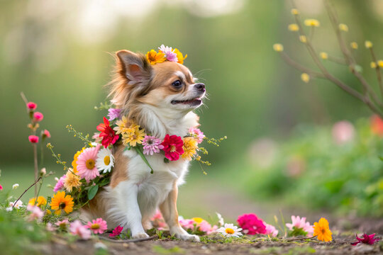 chihuahua dog covered with flowers - generated by ai copia
