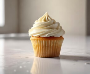 Moist vanilla cupcake sits atop a pedestal on a bright light table,  centerpiece,  table,  birthday