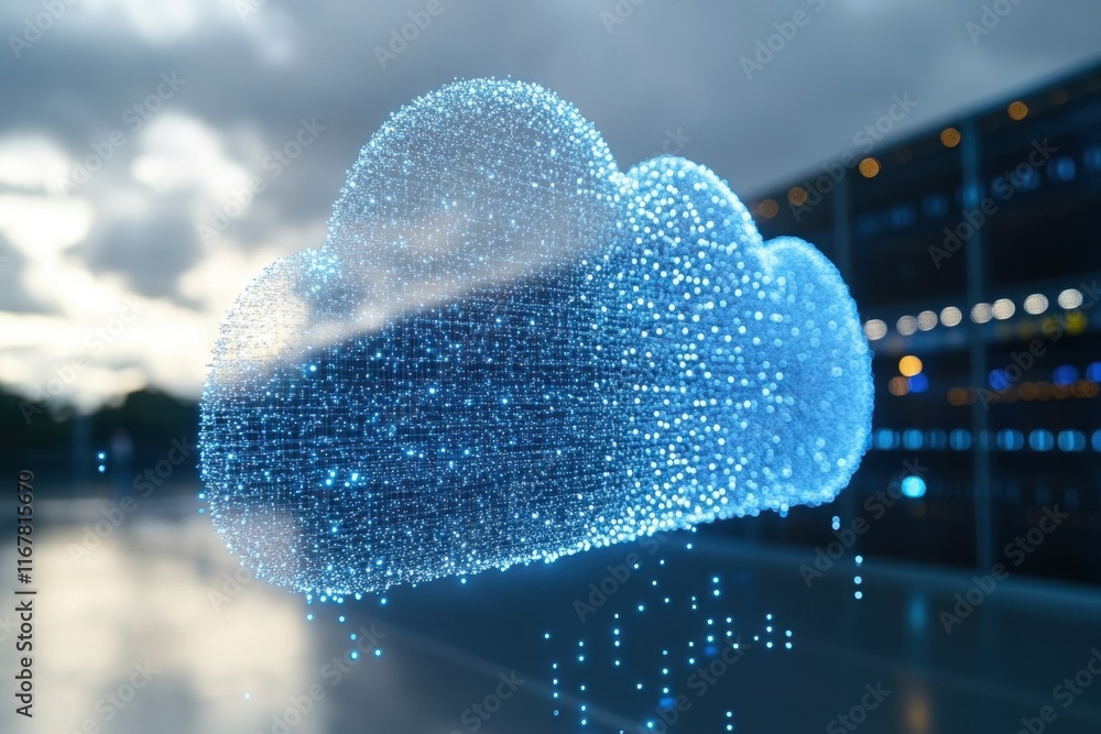 Poster glowing particles create a digital cloud above a data center in the evening light. generative ai
