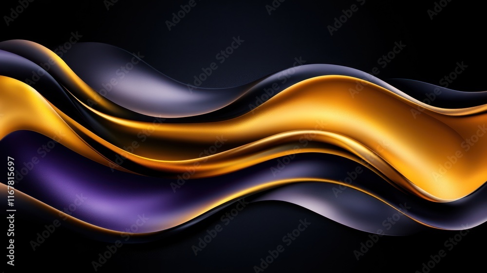 Poster abstract waves in gold and purple create a dynamic visual flow.