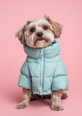 A Portrait of a Dog Wearing a Blue Puffa Jacket Against a Pink Background