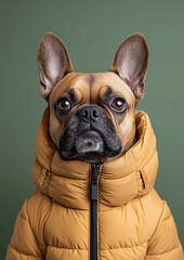 A French Bulldog in a Yellow Puffa Jacket Against a Green Background