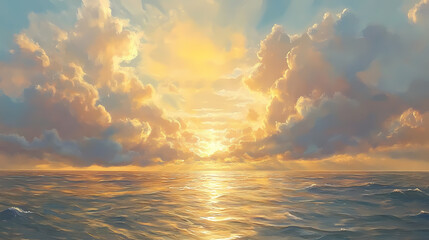 Radiant sunrise over calm ocean: stunning golden rays reflecting on tranquil waters. Clouded. Illustration