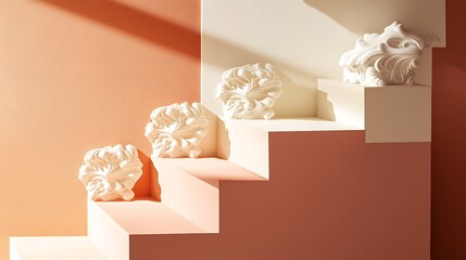White Ornamental Sculptures Ascending Peach Steps