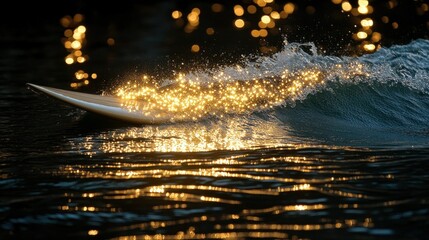 Obraz premium Surfer's board glistening in ocean wave at sunset.
