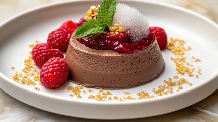 Chocolate mousse with raspberry coulis, mint, and spun sugar