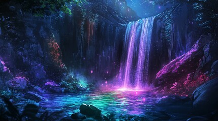 Ethereal Waterfall with Glowing Rocks and Rainbow Hues in a Dreamlike Landscape