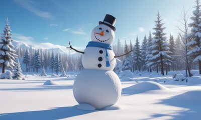 Obraz premium Joyful snowman standing alone in a serene winter landscape with snow-covered trees and a clear blue sky, frosty landscape, snowy woods, snowflakes
