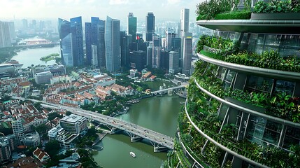 Obraz premium Aerial view of modern city skyline with green vertical garden.