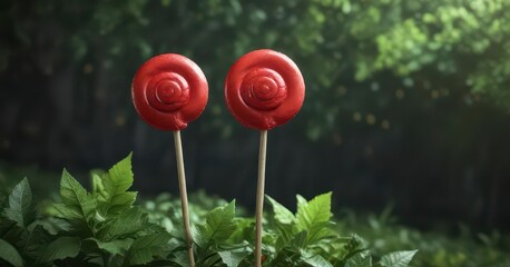 Obraz premium Single Red Lollipop Against Dark Green Leafy Backdrop , dark colors, green leaves, single object