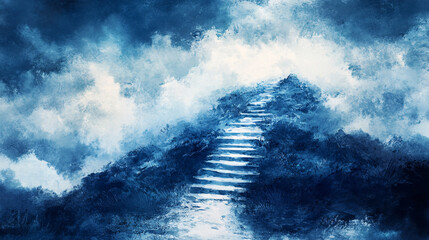 a dark and mysterious staircase leads into swirling stormy clouds with deep blue hues creating a dramatic and intense atmospheric vision

