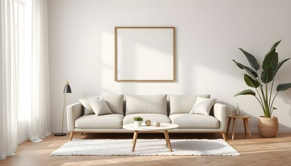 scandinavian living room with frame mockup, light beige sofa, round coffee table, soft rug, potted monstera, sunlight, neutral tones, cozy and minimalist design