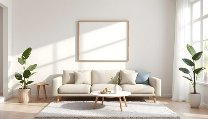 scandinavian living room with frame mockup, light beige sofa, round coffee table, soft rug, potted monstera, sunlight, neutral tones, cozy and minimalist design