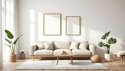 Fototapeta premium scandinavian living room with frame mockup, light beige sofa, round coffee table, soft rug, potted monstera, sunlight, neutral tones, cozy and minimalist design