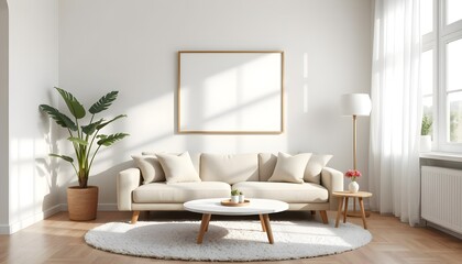 scandinavian living room with frame mockup, light beige sofa, round coffee table, soft rug, potted monstera, sunlight, neutral tones, cozy and minimalist design