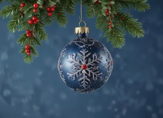 Ornament with snowflakes and holly hanging from blue background,  festive, snowflakes,  holiday