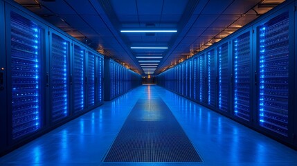 Modern Data Center Server Room Technology Blue Illuminated Network Infrastructure Powerful Computing Digital Technology Advanced Servers Blue Light   
