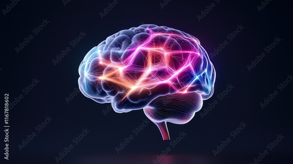 Poster a digital representation of a brain with colorful neural connections.