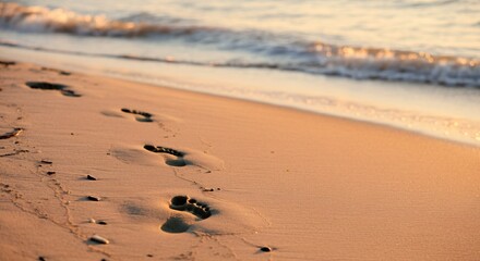 A serene beach scene with footprints in the sand leading to the calm waves