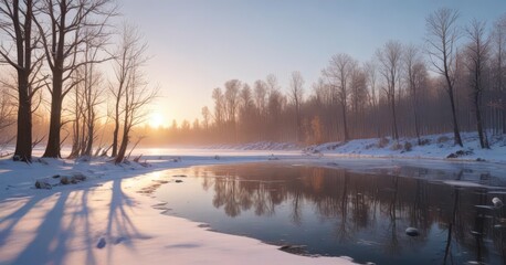 Snowy forest with bare trees and frozen lake at sunrise,  cold,  lake,  sunrise