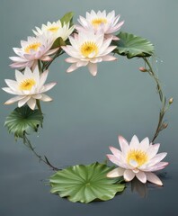 Watercolor floral wreath surrounding a delicate water lily stem ,  watercolor,  floral arrangement,  botanical