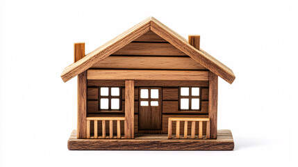Obraz premium A small handcrafted wooden cottage featuring a front porch windows and a simple roof design against a white background 