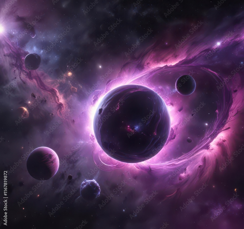 Wall mural swirling purple nebula with abstract, glowing planets , astronomy, otherworldly, cosmos