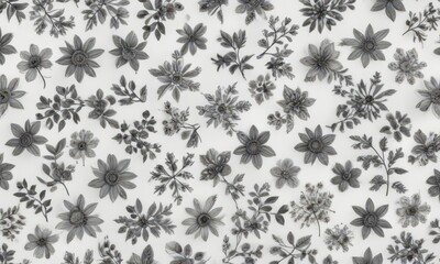Tiny, intricate flower motifs in charcoal gray on white background, charcoal flowers,  dark wall decor,  charcoal wallpaper