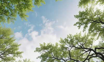 Fototapeta premium Tree branches stretching towards sky with lush green leaves against snowy white background, tree branches, forest, leafy