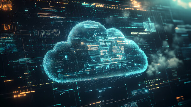 Cloud computing interface displaying data management and technology innovations. Clouded. Illustration