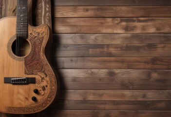 Fototapeta premium Weathered wooden banner with guitar prints and tribal textures, tribal pattern, retro vibe, music inspired decor