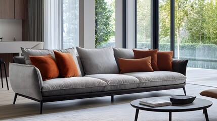 Modern Gray Sofa With Orange Pillows Near Large Windows
