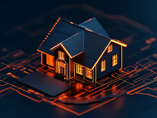A glowing model house sits on a digital blueprint, symbolizing the fusion of technology and modern architecture.