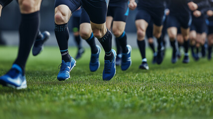 Naklejka premium Group of Runners Sprinting on Grass in Stadium Environment Under Bright Daylight