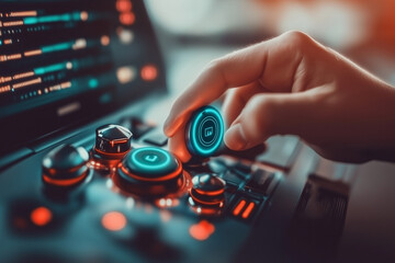 Hand Pressing a Neon Blue Button on a High-Tech Control Panel in a Modern Environment